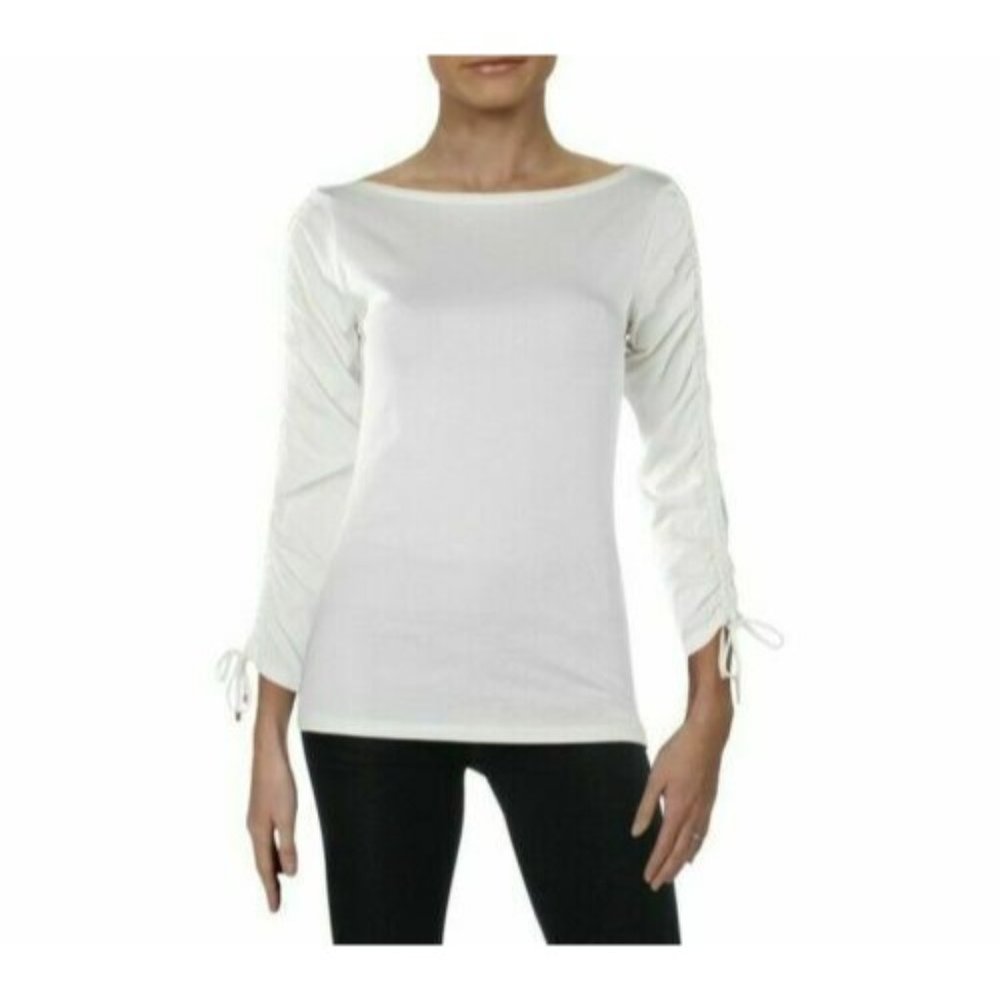 RALPH LAUREN Women's Boat Neck Drawstring Ruched sleeve Casual Shirt Top XL #441